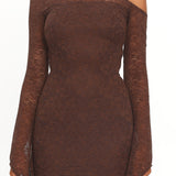 Lylah Asymmetric Neckline Long Sleeve Maxi Dress Lace Chocolate