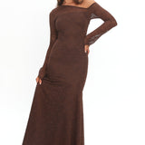 Lylah Asymmetric Neckline Long Sleeve Maxi Dress Lace Chocolate
