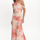 Lylah Asymmetric Neckline Mesh Maxi Dress Floral