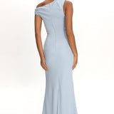 Lylah Asymmetric Neckline Mesh Maxi Dress Light Blue