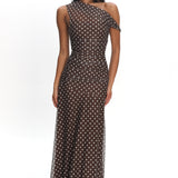 Lylah Asymmetric Neckline Mesh Maxi Dress Polka Dot Chocolate