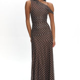 Lylah Asymmetric Neckline Mesh Maxi Dress Polka Dot Chocolate