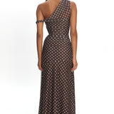 Lylah Asymmetric Neckline Mesh Maxi Dress Polka Dot Chocolate