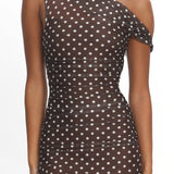 Lylah Asymmetric Neckline Mesh Maxi Dress Polka Dot Chocolate