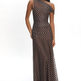 Lylah Asymmetric Neckline Mesh Maxi Dress Polka Dot Chocolate