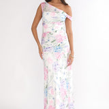 Lylah Asymmetric Neckline Mesh Maxi Dress Floral Blue