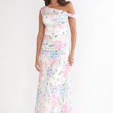 Lylah Asymmetric Neckline Mesh Maxi Dress Floral Blue