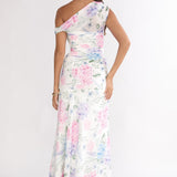 Lylah Asymmetric Neckline Mesh Maxi Dress Floral Blue