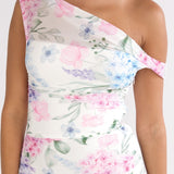 Lylah Asymmetric Neckline Mesh Maxi Dress Floral Blue