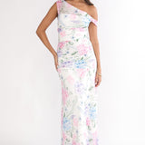 Lylah Asymmetric Neckline Mesh Maxi Dress Floral Blue