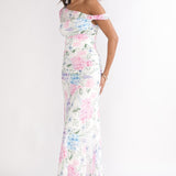 Lylah Asymmetric Neckline Mesh Maxi Dress Floral Blue