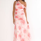 Lylah Asymmetric Neckline Mesh Maxi Dress Floral Pink