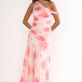 Lylah Asymmetric Neckline Mesh Maxi Dress Floral Pink
