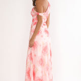 Lylah Asymmetric Neckline Mesh Maxi Dress Floral Pink