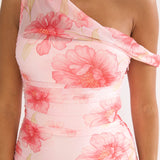 Lylah Asymmetric Neckline Mesh Maxi Dress Floral Pink
