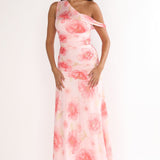 Lylah Asymmetric Neckline Mesh Maxi Dress Floral Pink
