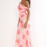 Lylah Asymmetric Neckline Mesh Maxi Dress Floral Pink