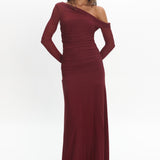 Lylah Asymmetric Neckline Long Sleeve Maxi Dress Mesh Plum