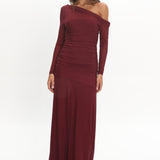 Lylah Asymmetric Neckline Long Sleeve Maxi Dress Mesh Plum