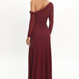 Lylah Asymmetric Neckline Long Sleeve Maxi Dress Mesh Plum