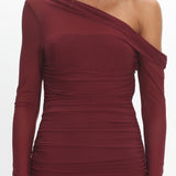 Lylah Asymmetric Neckline Long Sleeve Maxi Dress Mesh Plum