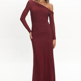 Lylah Asymmetric Neckline Long Sleeve Maxi Dress Mesh Plum