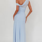 Lylah Asymmetric Neckline Mesh Maxi Dress Ice Blue