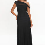 Lylah Asymmetric Neckline Mesh Maxi Dress Black
