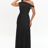 Lylah Asymmetric Neckline Mesh Maxi Dress Black