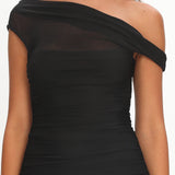 Lylah Asymmetric Neckline Mesh Maxi Dress Black