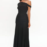 Lylah Asymmetric Neckline Mesh Maxi Dress Black