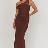 Sher One-Shoulder Lace Panel Maxi Dress Chocolate