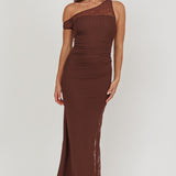 Sher One-Shoulder Lace Panel Maxi Dress Chocolate