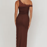 Sher One-Shoulder Lace Panel Maxi Dress Chocolate