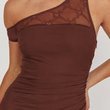 Sher One-Shoulder Lace Panel Maxi Dress Chocolate