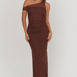 Sher One-Shoulder Lace Panel Maxi Dress Chocolate