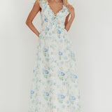 Spring Harvest Frill Neckline Maxi Dress Floral Blue