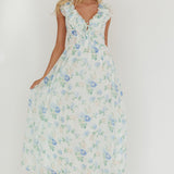 Spring Harvest Frill Neckline Maxi Dress Floral Blue