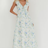 Spring Harvest Frill Neckline Maxi Dress Floral Blue