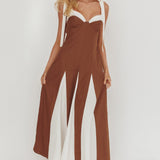 Marisa Tied Shoulder Godet Hem Maxi Dress Contrast Chocolate