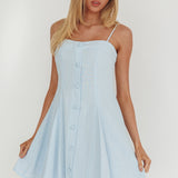 Fianna Button Front Godet Mini Dress Light Blue