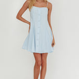 Fianna Button Front Godet Mini Dress Light Blue