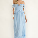 Hanalei Off-Shoulder Tied Bust Maxi Dress Light Blue