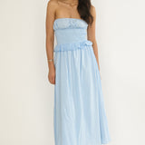 Lija Strapless Shirred Bodice Midi Dress Light Blue