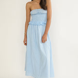 Lija Strapless Shirred Bodice Midi Dress Light Blue
