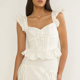 Danette Frill Trim Embroidery Top White