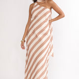 Mirona One Shoulder Scarf Maxi Dress Stripe Camel