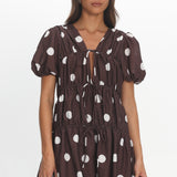 Antibes Tie Front Puff Sleeve Mini Dress Chocolate/White