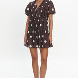 Antibes Tie Front Puff Sleeve Mini Dress Chocolate/White