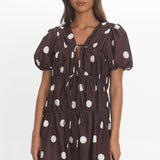 Antibes Tie Front Puff Sleeve Mini Dress Chocolate/White